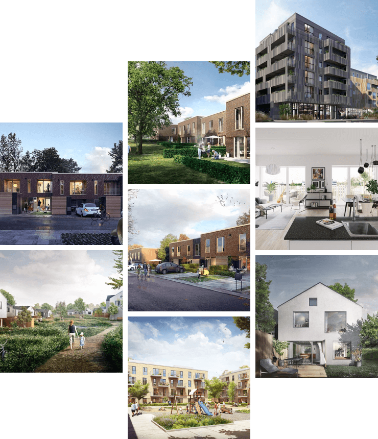 Kollasj av ulike boligprosjekter med moderne arkitektur, både innendørs og utendørs, som representerer framtidige boligløsninger i forskningsprosjektet Future Living, der samarbeidspartnere kan påvirke boligmarkedets utvikling.