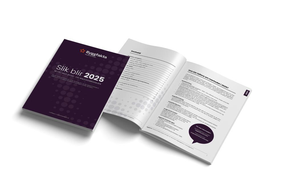 Mockup av rapporten 'Slik blir 2025'. Forsiden viser en moderne og profesjonell design med tydelige typografiske elementer.