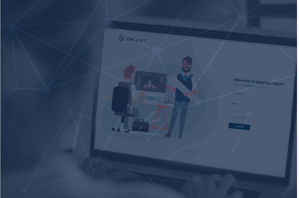 Bildet viser en dataskjerm med Byggfakta SMART-plattformen, som tilbyr en velkomstside for innlogging. Byggfakta SMART er et digitalt verktøy som hjelper bedrifter i byggebransjen med å få tilgang til prosjektinformasjon og data i sanntid.