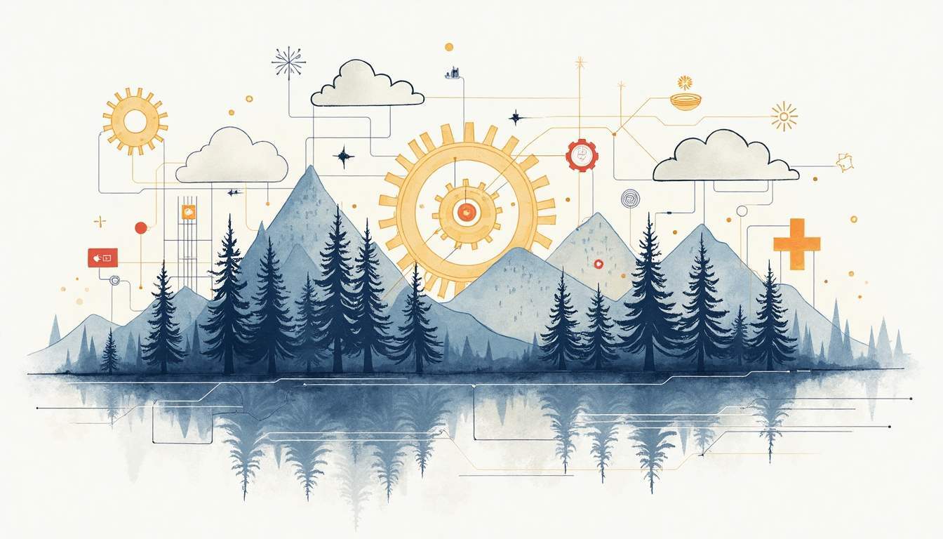 Illustrasjon av fjell og skog kombinert med tekniske symboler og tannhjul, som representerer struktur, organisering og ulike entrepriseformer i norske byggeprosjekter.