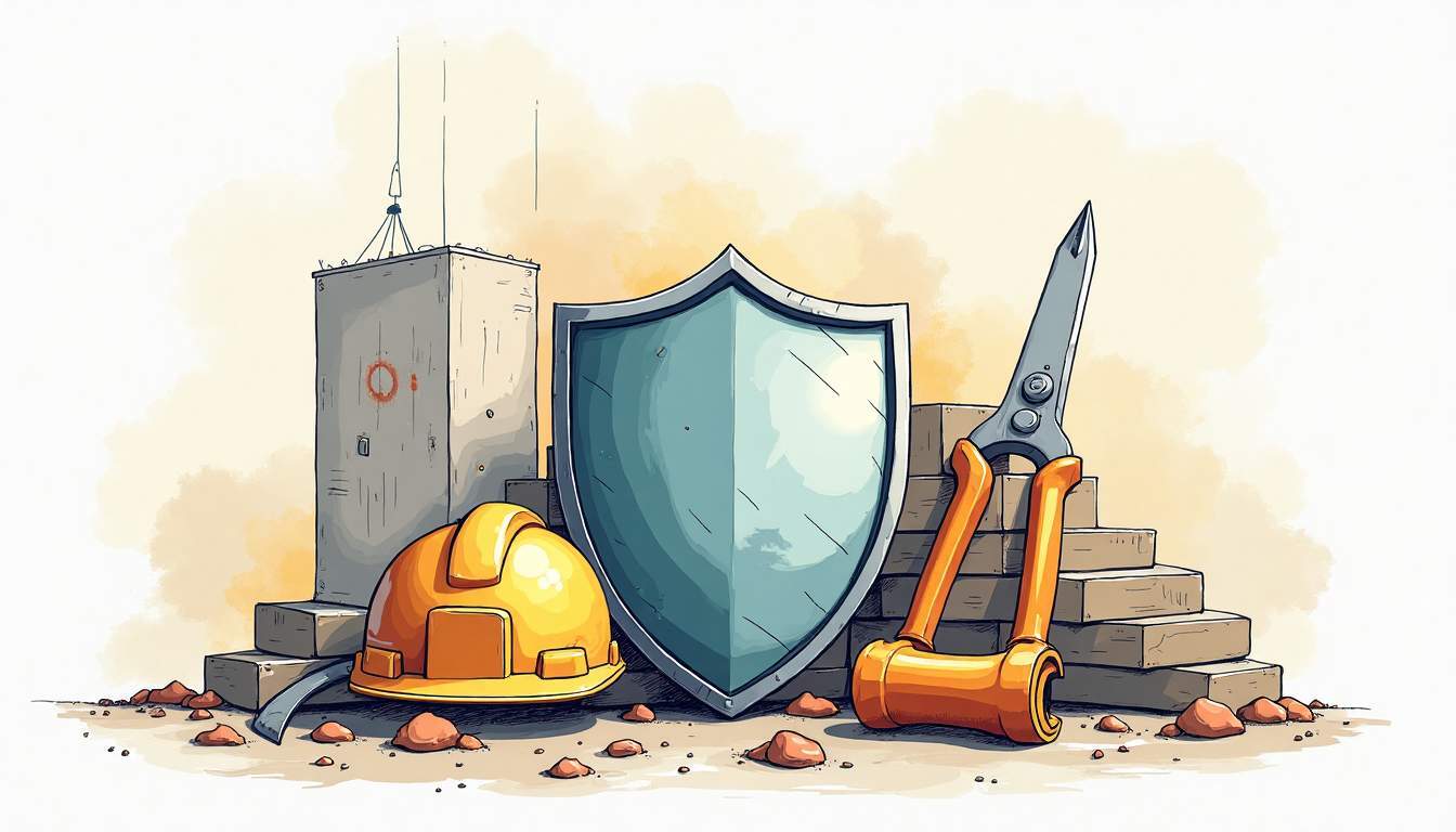 Illustrasjon av et byggeprosjekt med verktøy, hjelm og et beskyttende skjold som symboliserer entreprenørgaranti og trygghet i byggeprosessen.
