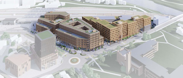 Illustrasjon av et moderne byggeprosjekt med fokus på bærekraftige løsninger, grønne tak og urbant design