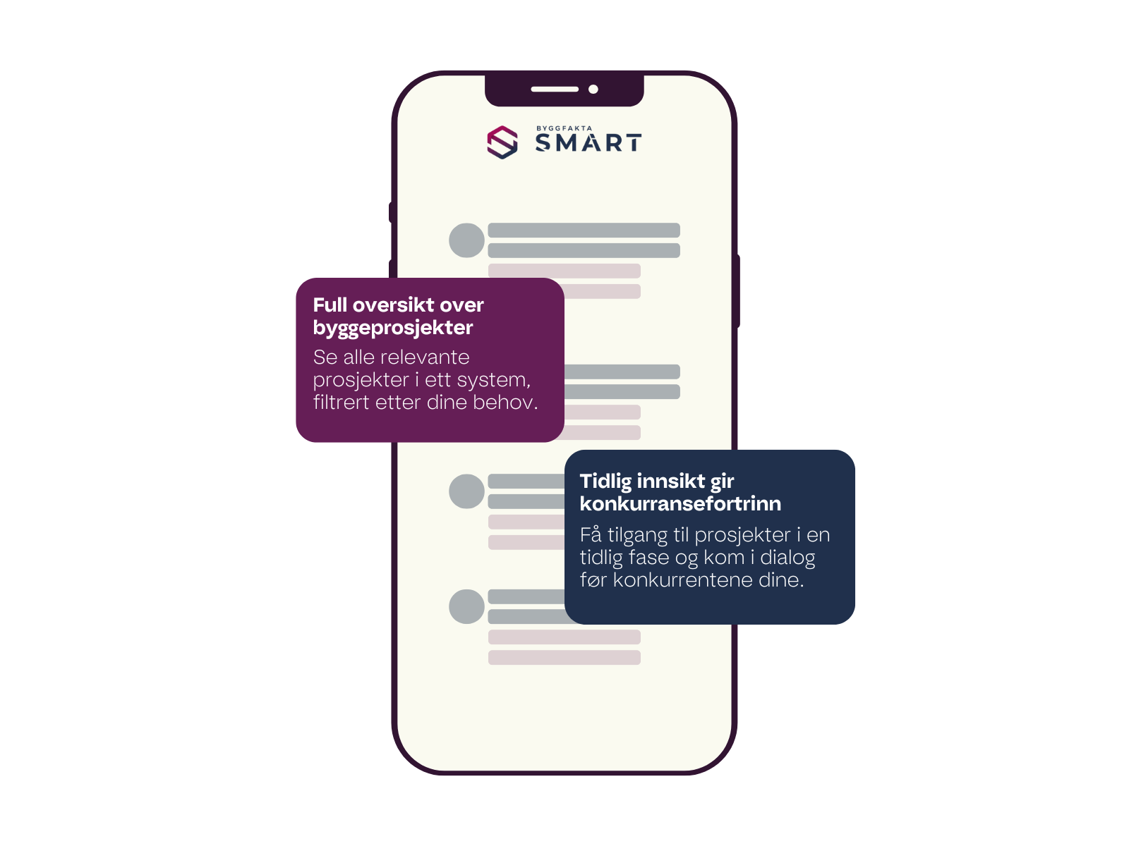 Illustrasjon av en smarttelefon med Byggfakta SMART-logo og to tekstbokser som fremhever USP-er: full oversikt over byggeprosjekter og tidlig innsikt for konkurransefortrinn. Designet er stilrent med lilla og blå fargeelementer.