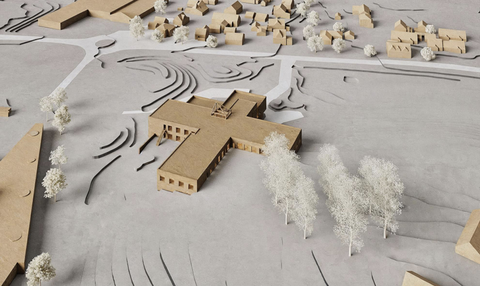 Arkitektonisk modell av nytt sykehjem i Rakkestad sett ovenfra, med bygget utformet i en korslignende struktur omgitt av terreng, trær og nærliggende bebyggelse.
