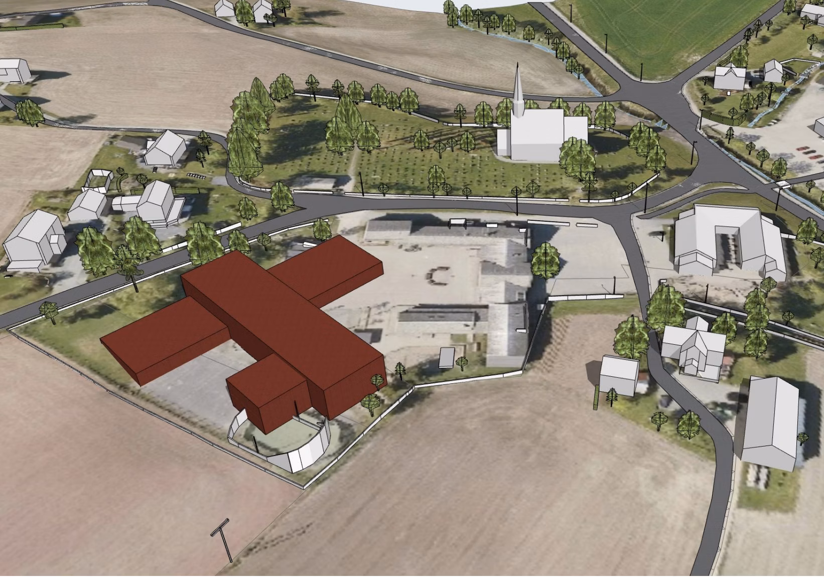 Illustrasjon av nytt oppvekstsenter på Venn i Skaun kommune, med barneskole og barnehage samlet i ett bygg omgitt av uteanlegg.
