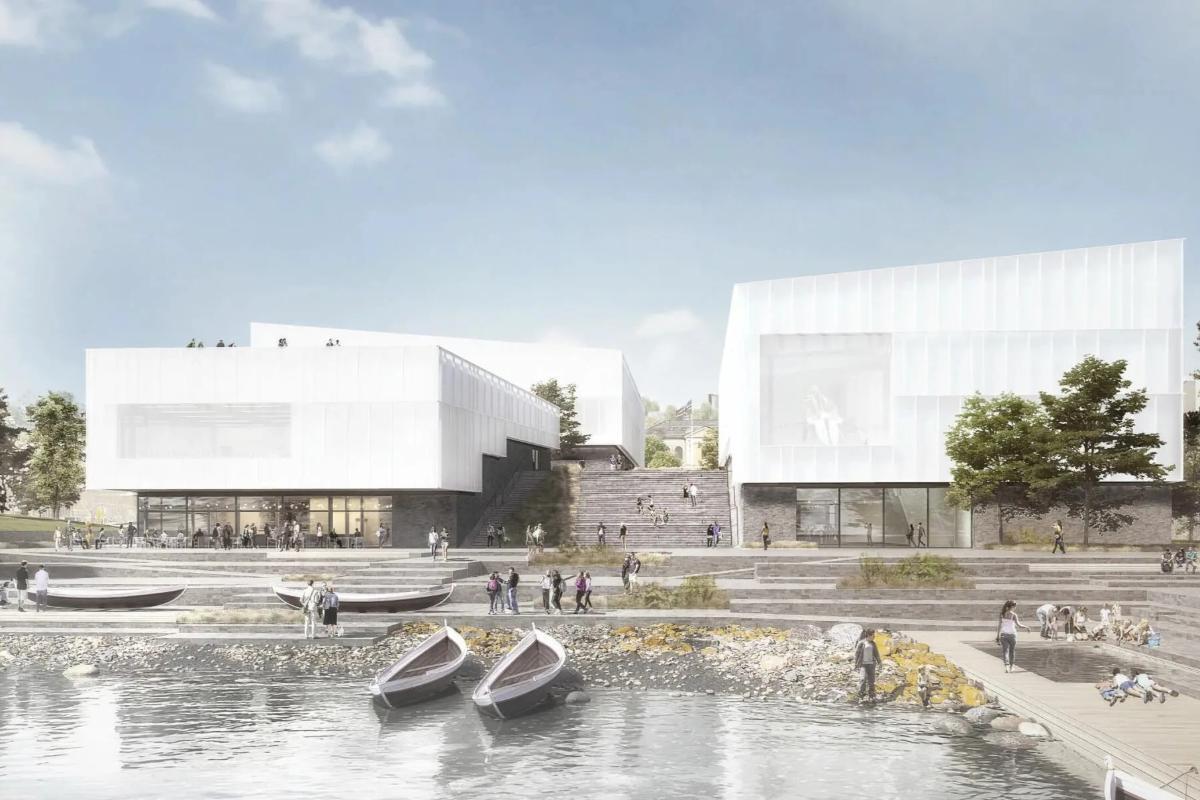 Illustrasjon av nytt universitetsmuseum på Mack-tomta i Tromsø sentrum. Illustrasjon: Arkitekt Henning Larsen